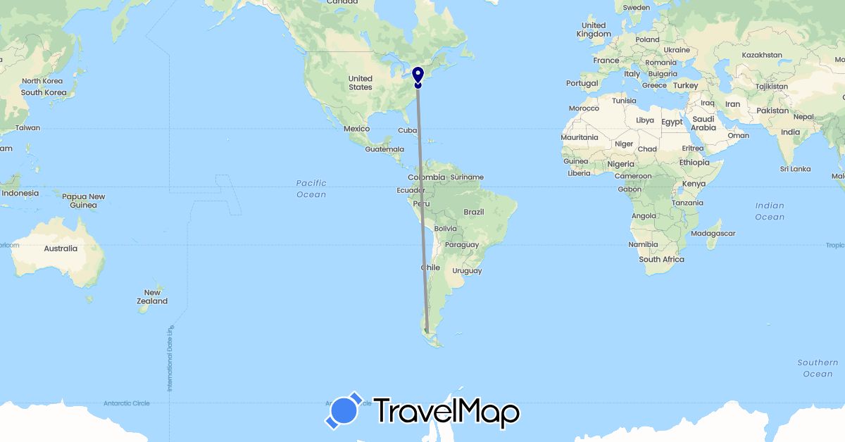 TravelMap itinerary: driving, bus, plane, hiking, boat in Chile, United States (North America, South America)